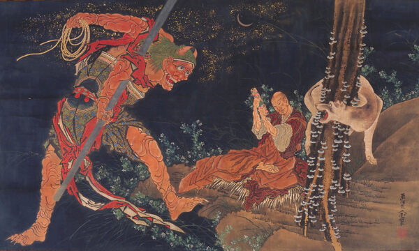 鬼を撃退するためにタントラを唱える空海を描いた葛飾北斎 (1760–1849) の肉筆画。