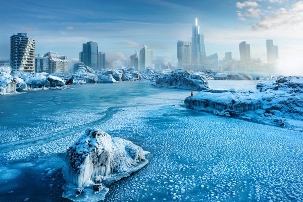 氷河期で氷に覆われた都市の風景