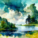 Landscape with forest, lake and clouds in summer.