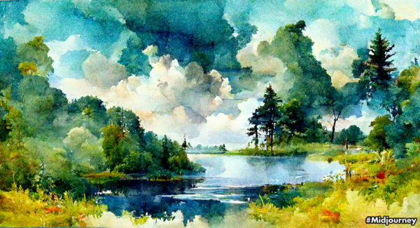 Landscape with forest, lake and clouds in summer.