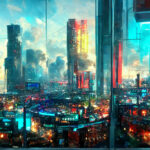 Cyberspace cityscape from a bird's eye view.