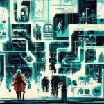 cyberpunk, digitized humans, electronic circuits, chaos