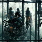 People in a mechanical spider web.
