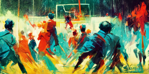 A scene from a soccer game where a goal was scored.