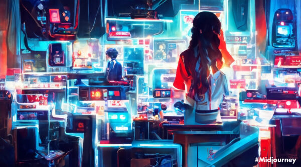 A high school girl in a sailor suit standing in a labyrinth of electronic circuits.