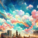 Sky with summer iridescent clouds and city streetscape