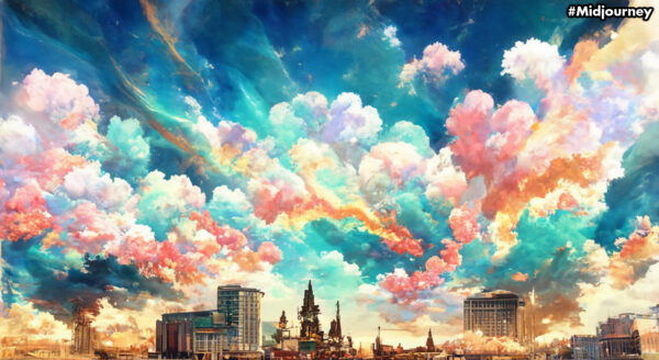Sky with summer iridescent clouds and city streetscape