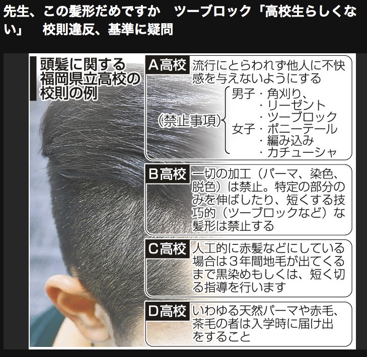 頭髪に関する福岡県立高校の校則の例