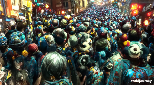 Crowds and SARS-CoV-2 virus on the streets at night