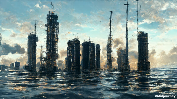 City of decaying skyscrapers sunk into the sea